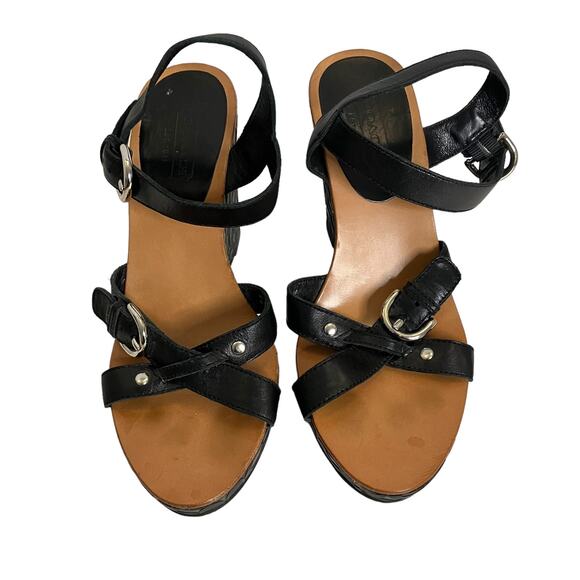 Coach Womens Elize Black Leather Signature Wedge Open Toe Strap Sandals Size 7M - Picture 1 of 13